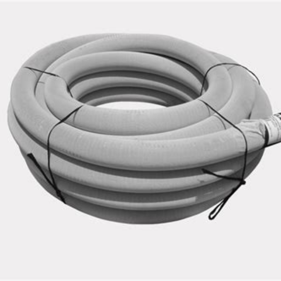 The RockMate AG PIPE 100mm X 20m SOCKED, a flexible drainage pipe for subsoil water management, is coiled neatly and secured with black ties on a plain, light-colored surface.