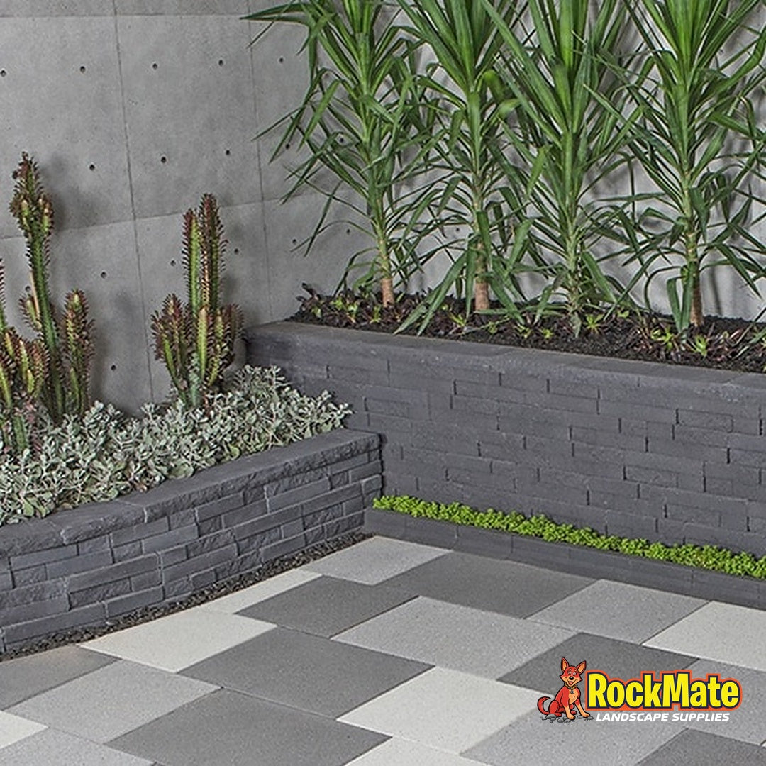 Adbri Masonry Natural Impressions Duostone Wall Block - Graphite installed