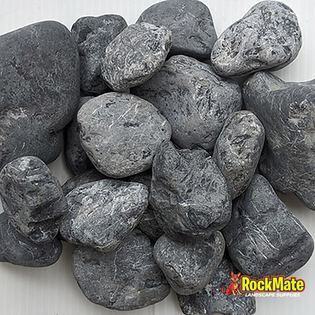 Kashmiri Cloudy Black pebbles 30-50mm grade, dry, showing grey cloud marbling