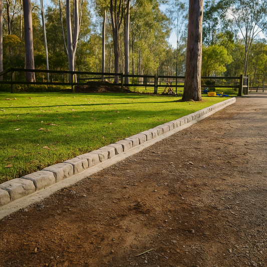 A dirt pathway bordered by a stone curb runs beside a grassy area with trees and a wooden fence in the background.
