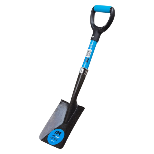 The SQUARE MOUTH SHOVEL BLUE features a black blade and handle, with a blue grip and blue labels on both the shaft and blade. The shovel is displayed at a diagonal angle on a white background.