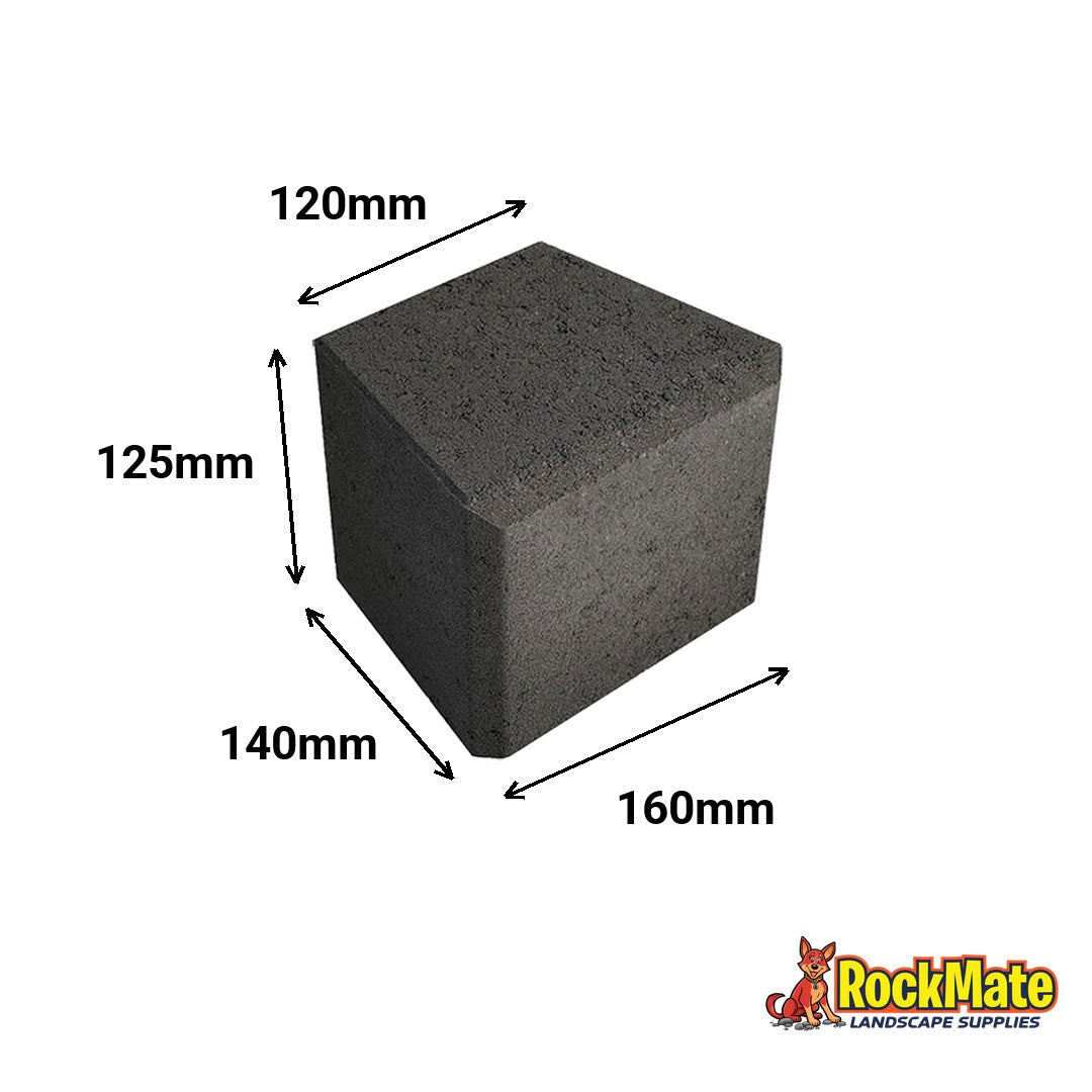 Wedgeblok dimensions 125mm high, 160mm front, 120mm back, 140mm deep