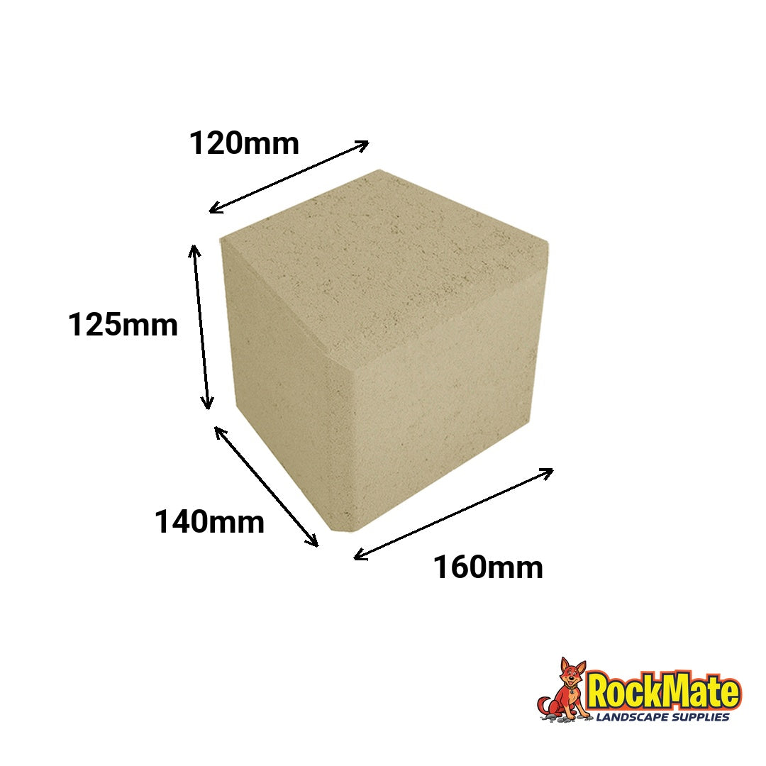 Wedgeblok dimensions 125mm high, 160mm front, 120mm back, 140mm deep