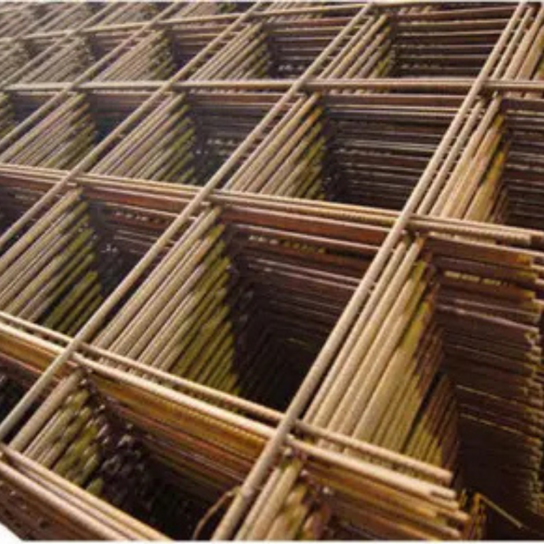 A close-up of REINFORCEMENT (REO) SL72 FULL SHEET MESH 6MX2.4M stacked in a grid with square openings, commonly used in construction for concrete slabs because of its high tensile strength.