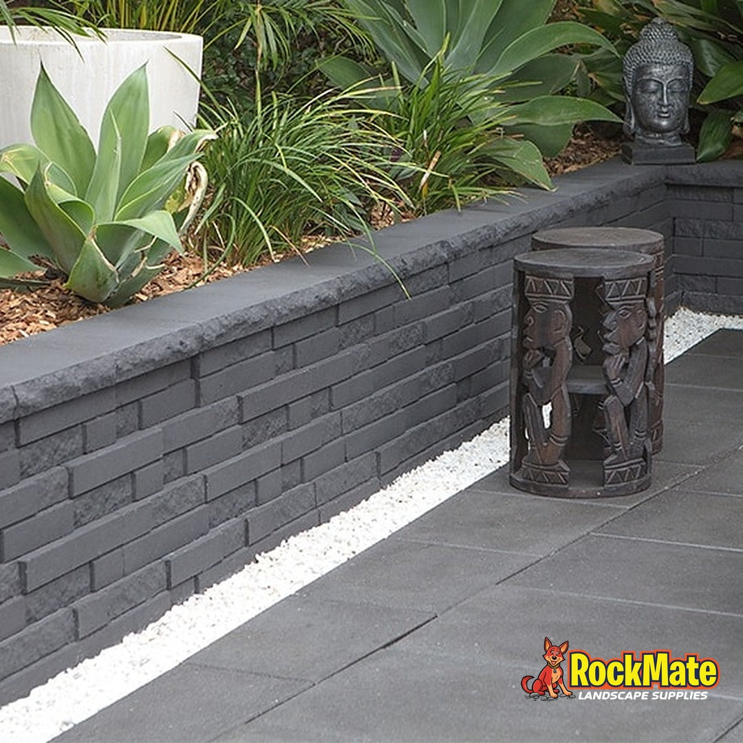 Adbri Masonry Natural Impressions Duostone Wall Block - Graphite installed