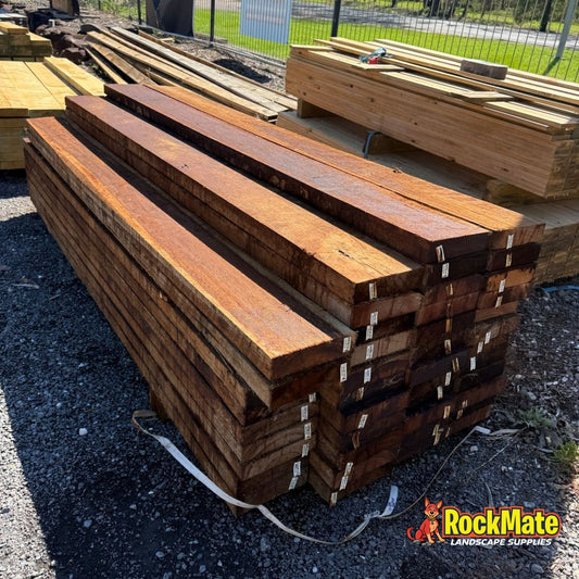 200 x 50mm hardwood sleepers stacked at the RockMate North Maclean yard