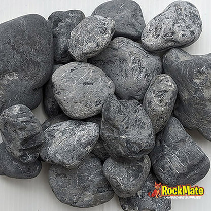 Kashmiri Cloudy Black pebbles 30-50mm grade, dry, showing grey cloud marbling