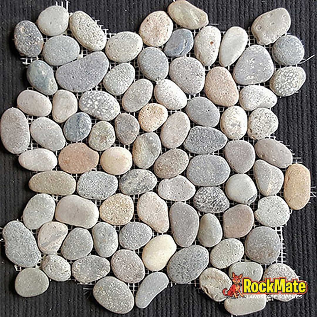 Kashmiri Tan Pebble Tile, 300x300mm mesh-backed sheet of tan and grey pebbles