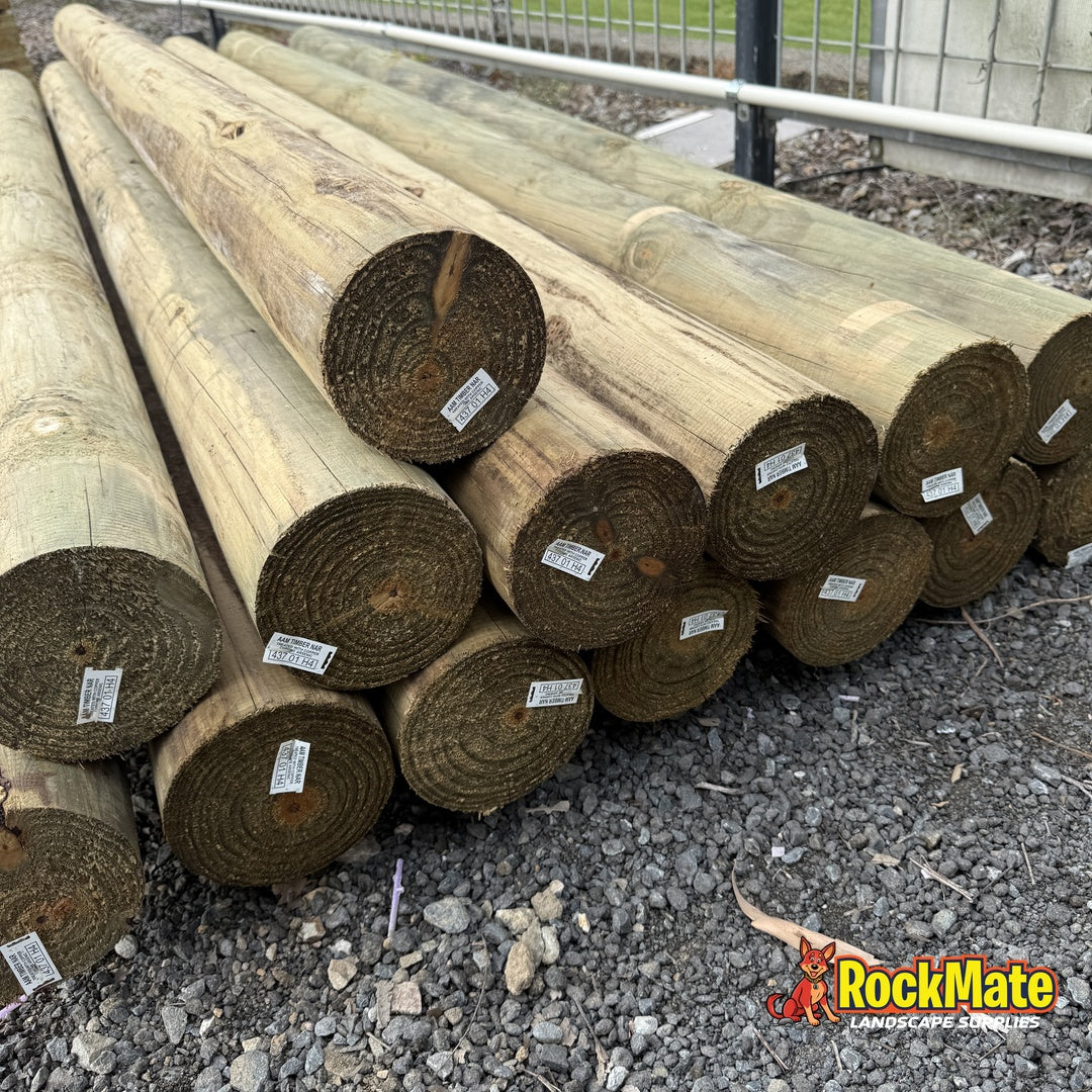 Cut ends of 125mm H4 treated pine round logs showing the treatment tags