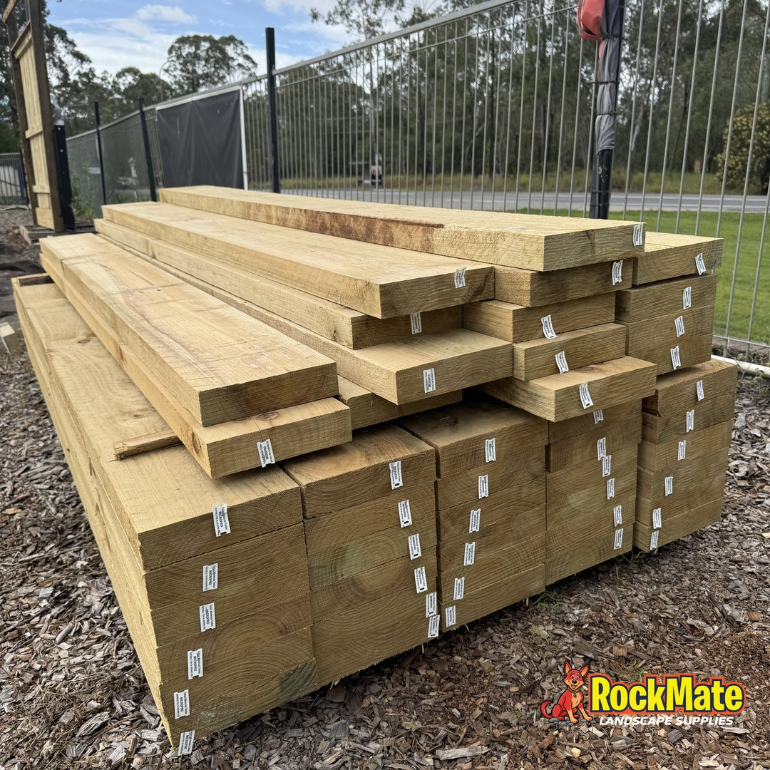 Treated pine sleepers 200 x 50mm stacked at the RockMate North Maclean yard